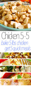 These 5 Quick Chicken Meals using 5lbs of chicken are so easy! Cook the chicken with this recipe at the beginning of the week and use it all week long for individual meals!